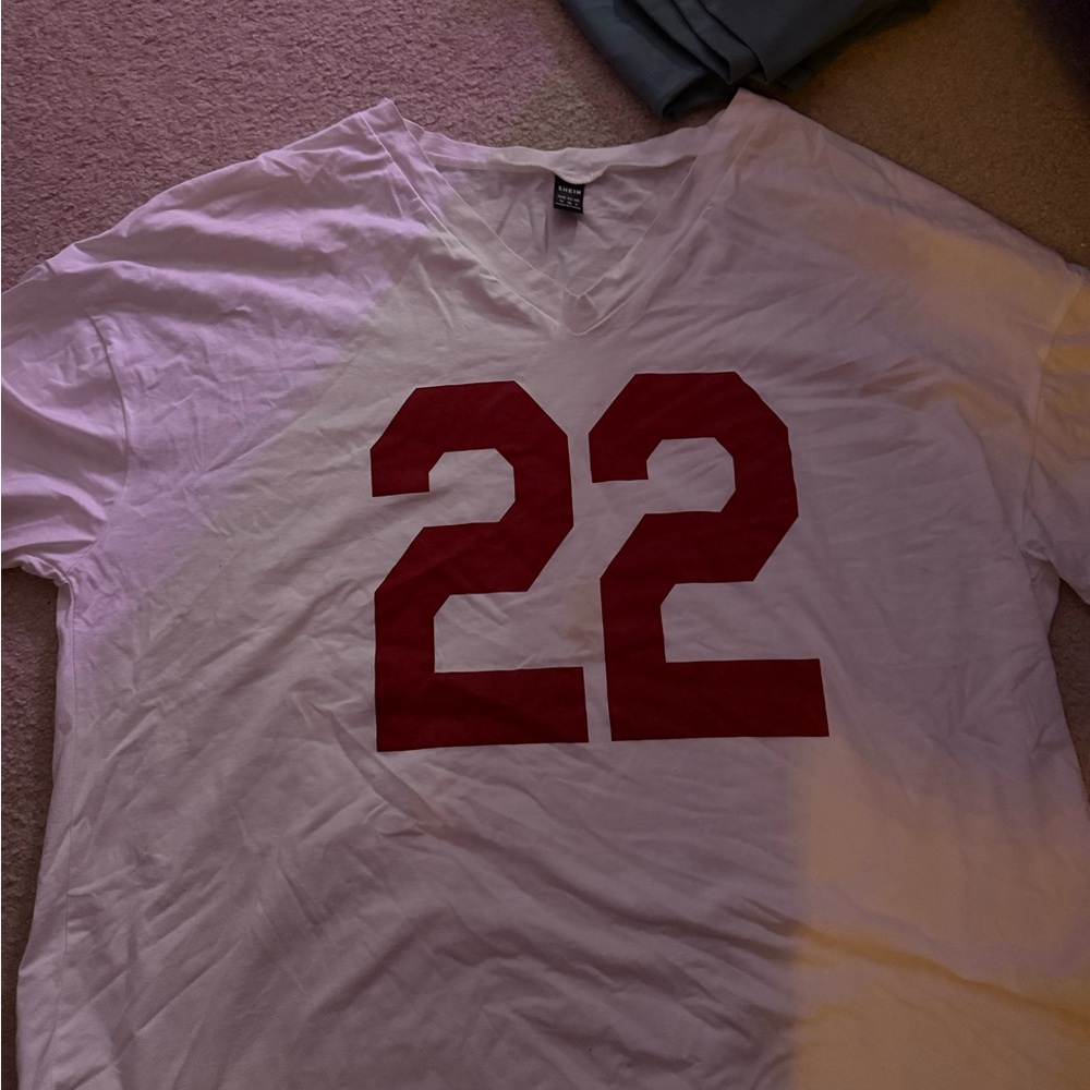 SHEIN White V-Neck Tee with Red Number Print